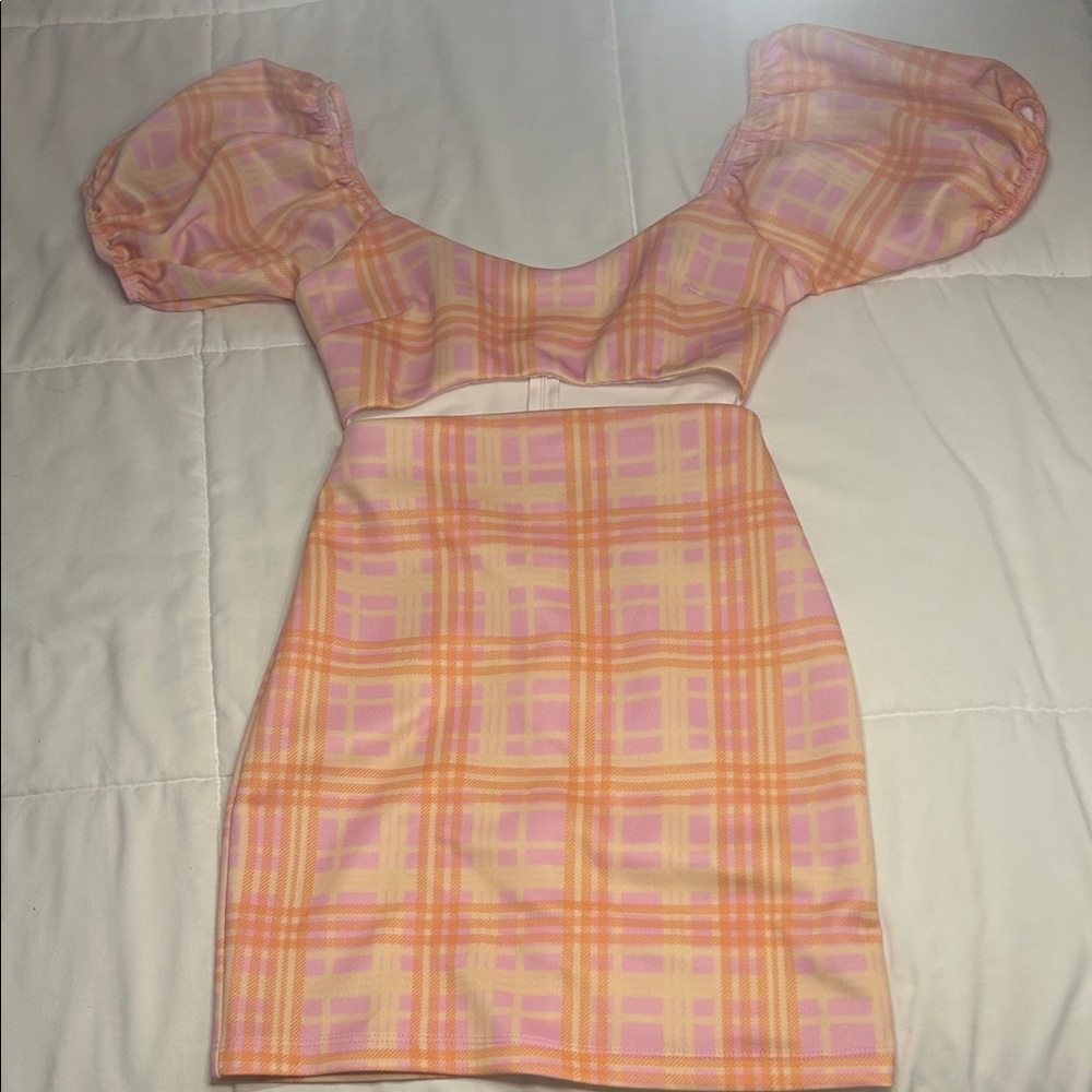 ASOS Pink and Peach Plaid Puff Sleeve Cutout Mini Dress